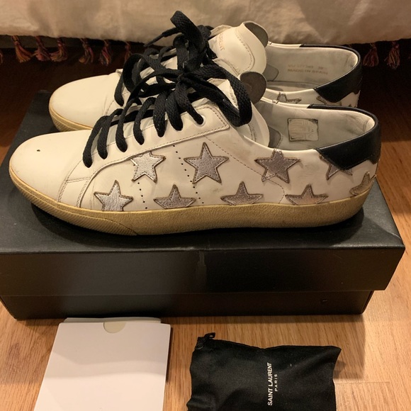 Saint Laurent White Silver Star Sneakers Size 38.5 - Picture 1 of 12